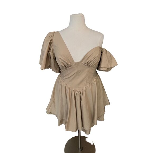 Asos Luxe Size 14 NEW Beige Cotton One Shoulder Dress w Corset Detail & Ruffles - Picture 1 of 16